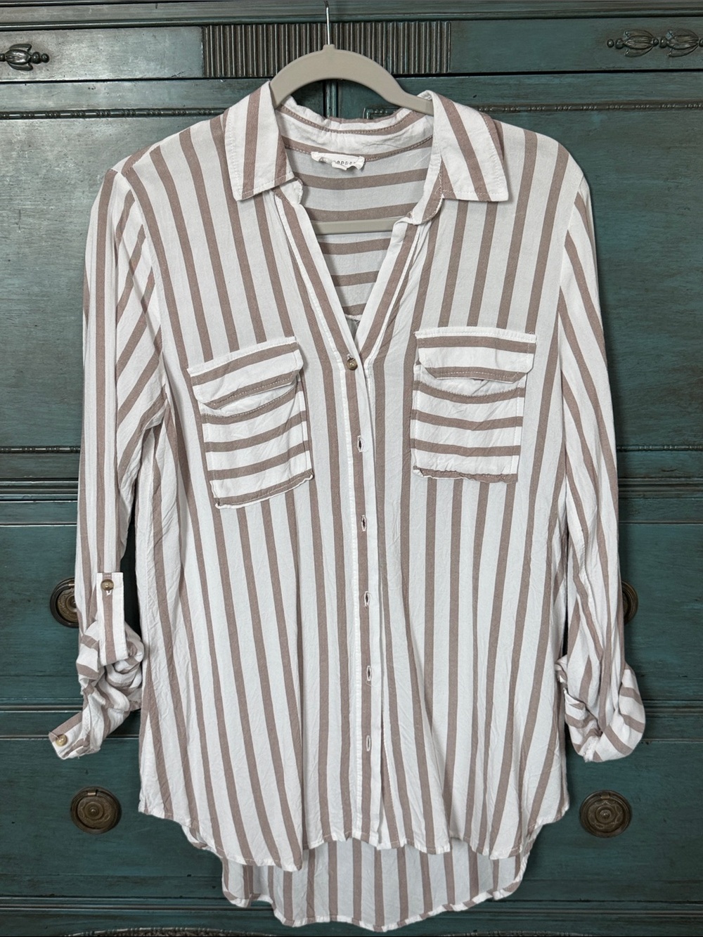 Blu Pepper Striped Button-Down Shirt in White and Taupe
